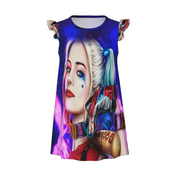 Girls Harley Quinn Graphic Flutter Sleeve Soft Fabric Casual Dress For Home Sleep Dress Party Outdoor