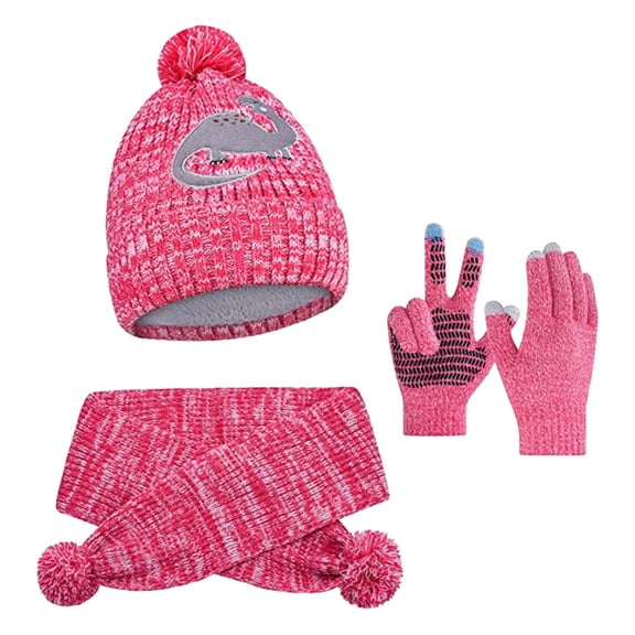 Girls Hat and Gloves Set Kids Winter Knitted Hat Scarf and Mittens Set Dinosaur Cartoon Print Thermal Earflap Cap Neck Warmer Soft Warm Cold Weather Gear Toddlers Pink 2 Years-8 Years
