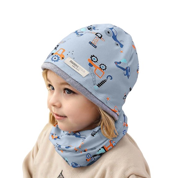Girls Hat and Gloves Unisex Toddler Winter Double Layer Cartoon Print Hat and Neck Warmer Soft Warm Scarf Combo Cozy Cold Weather Gear for Kids Children Blue 2 Years-12 Years