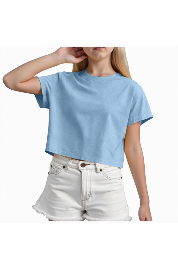 Girls vacation Shirt Crop Top Oversized Cute Baby Girl Clothes Crewneck Short Sleeve Athletic for Summer Basic Sky Blue 18-24 Months