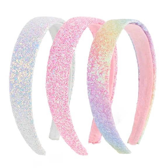 Girls Headbands, 3PCS Headbands for Girls Women Glitter Pink Rainbow White Headband Sparkly Sequin Headband Hair Accessories