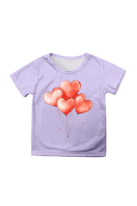 Girls Heart Balloon T Shirt With Cartoon Print Short Sleeved T Shirt Casual Top Purple 1 Y-2 Y