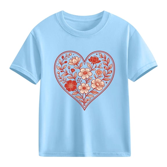 Girls Heart Floral Print Short Sleeve T-Shirt - Cute Valentine's Day Kids Top, 100% Cotton Casual Blue Tee for Ages 4-10,Size 4 T