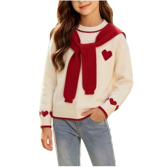 Girls Heart Graphic Sweaters Crew Neck Long Sleeve Pullover with Decor Knit Shawl Warm Casual Tops Fall Winter Clothes