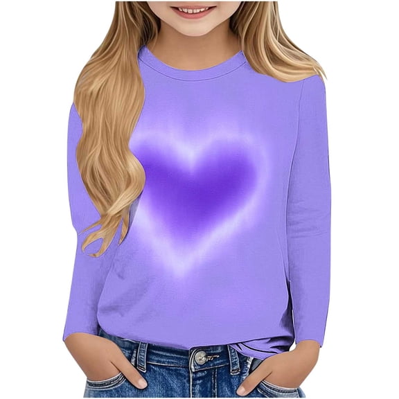 Girls Heart Long Sleeve T Shirts Colorful Cute Graphic Tees Round Neck Pullover 2025 Trendy Tops 3-14y Purple， 4 Years