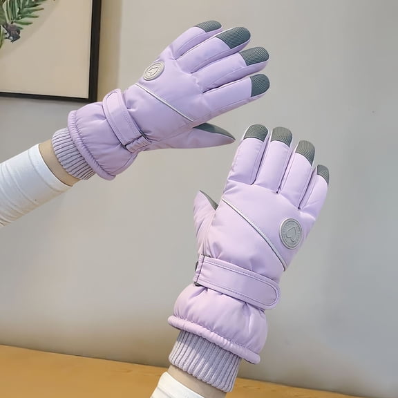 Girls Heart Print Color Block Ski Gloves, 5-Finger Fleece Lined Winter Gloves for Kids, Warm Waterproof Snowboard Mittens for Cold Weather Sports Light Violet