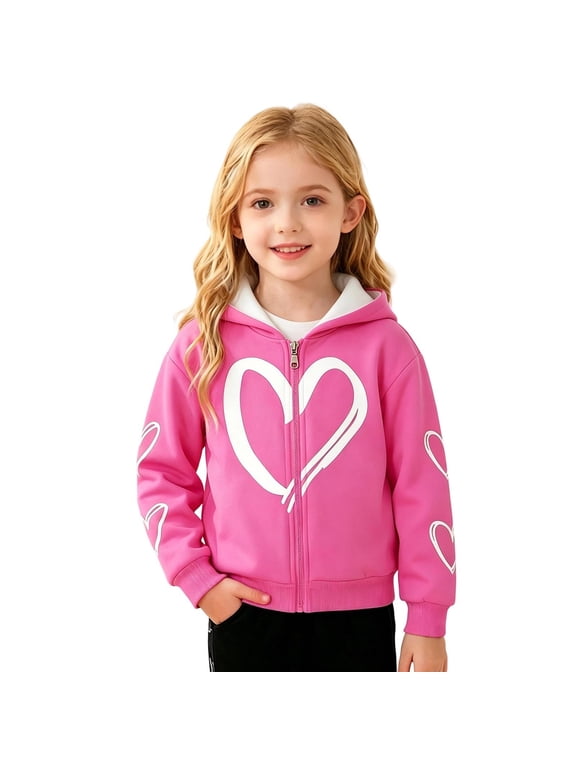 Girls' Heart Print Hooded Full Zip Sweatshirt with Pockets Fall Winter Jacket 2-12 Years