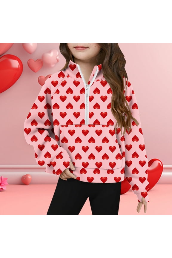 Girls Heart Print Hoodie Half Zip Sweatshirt Red Hearts on Pink Valentine's Day Outfit Soft Stretchy,Size 5 T