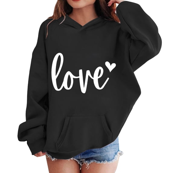 Girls Heart Print Hoodie, Kids Long Sleeve Pullover Sweatshirt with Cute Pattern, Oversized Casual Wear for Children, Soft Comfortable Daily Outfits Black