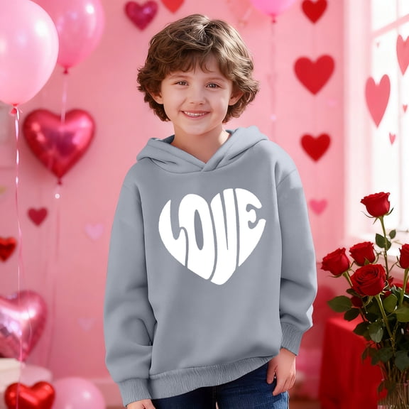 Girls Heart Print Hoodie, Kids Oversized Graphic Pullover Sweatshirt, Soft Casual Hooded Top for Everyday Wear in Gray,Size 3 T