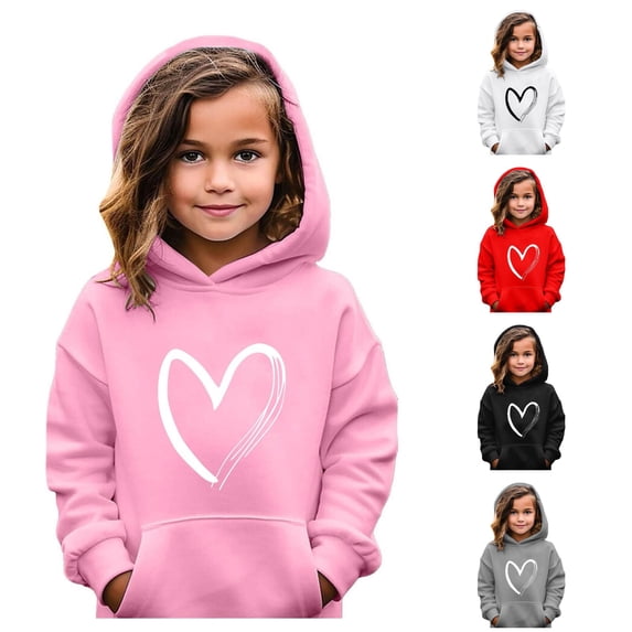 Girls Heart Print Hoodie Long Sleeve Soft Sweatshirt Casual Pullover Top For Kids
