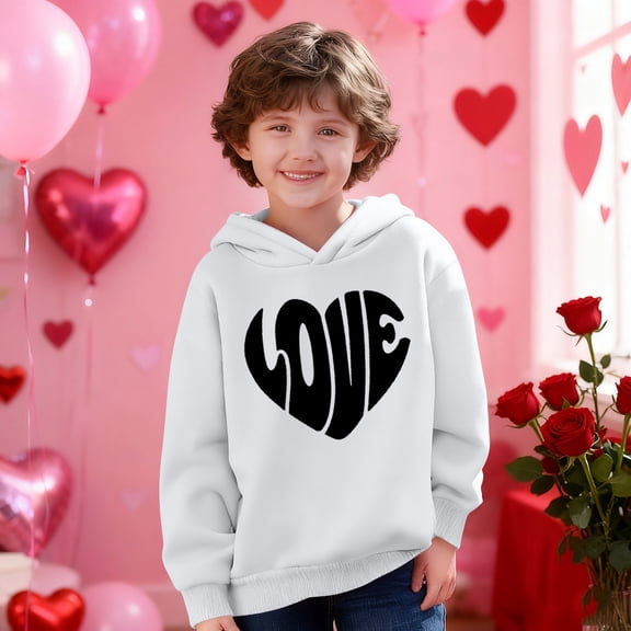 Girls Heart Print Hoodie, Oversized Kids Graphic Pullover, Lightweight Casual Hooded Sweatshirt in White,Size 3 T