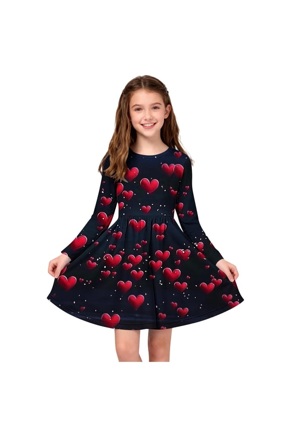Girls Heart Print Long Sleeve Dress Fit and Flare A-Line Kids Valentines Day Dress Navy Blue Red Heart Party School Dress,Size 5-6 T