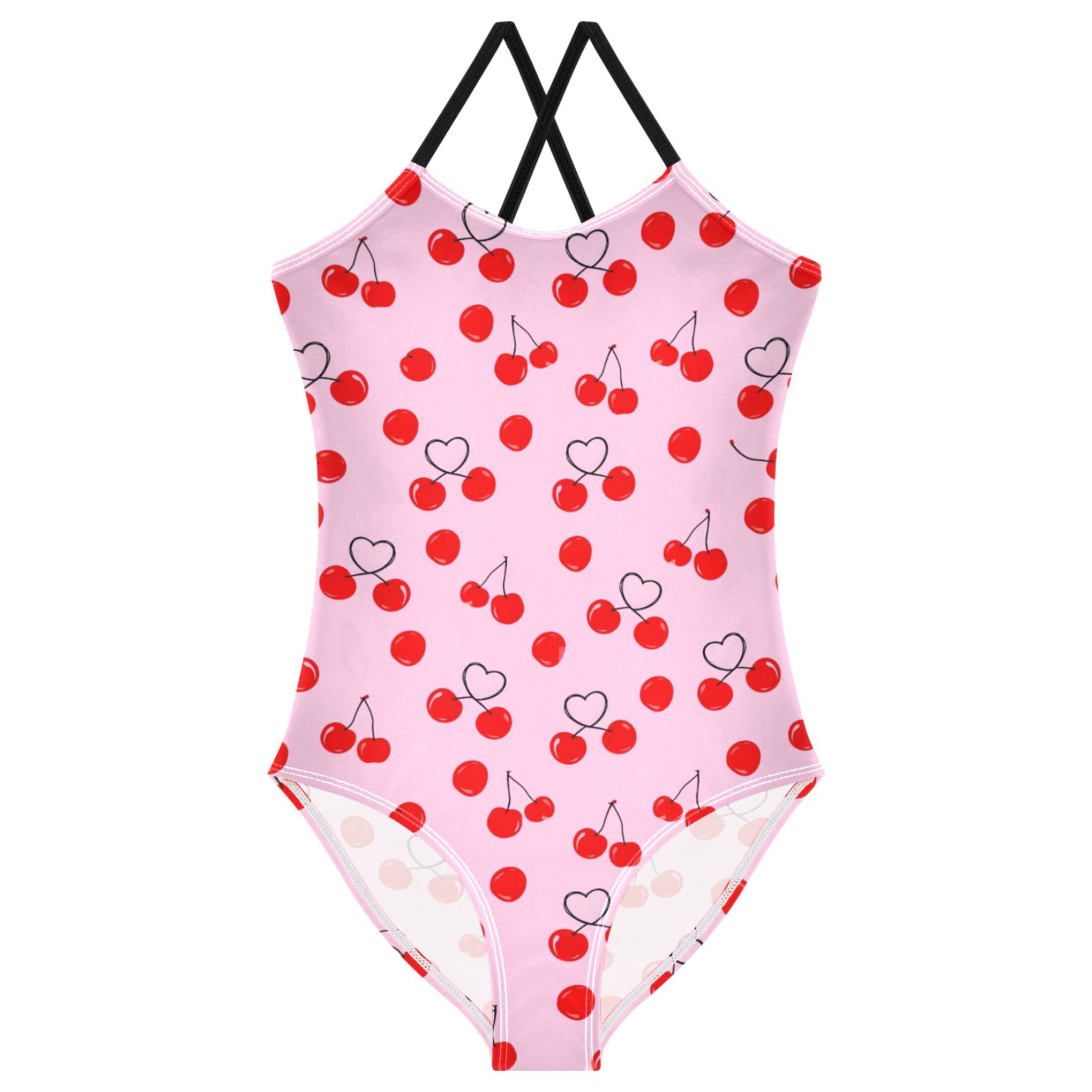 Girls Heart Shape Cherry Print One Piece Swimsuit, Cross Back