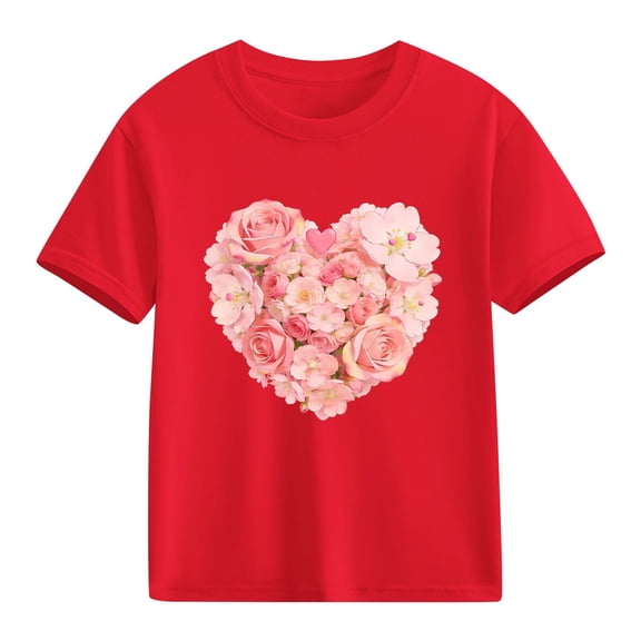 Girls Heart T-Shirt Valentine's Day Short Sleeve Red Floral Print Kids Top 100% Cotton Casual Tee Ages 4-12,Size 7 T