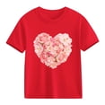 thumbnail image 1 of Girls Heart T-Shirt Valentine's Day Short Sleeve Red Floral Print Kids Top 100% Cotton Casual Tee Ages 4-12,Size 9 T, 1 of 9