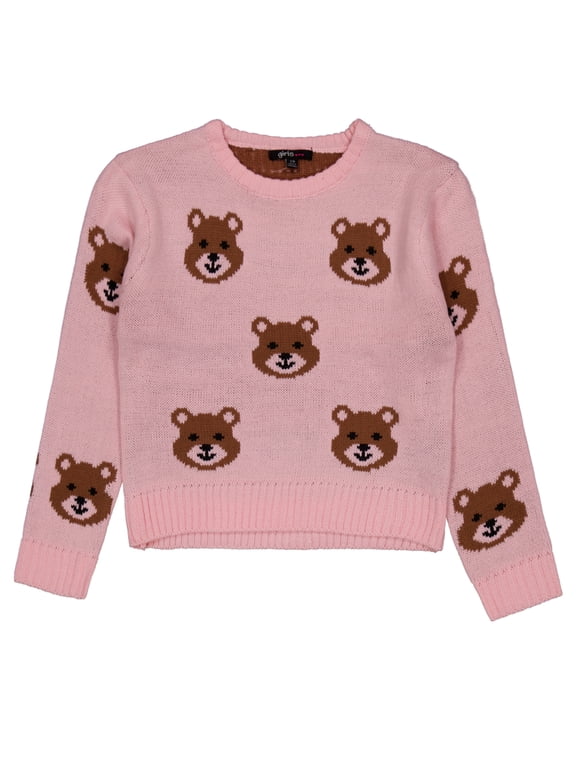 Girls' Bear Face Pullover Acrylic Jacquard Sweater Color: light pink Size: 14 - 16