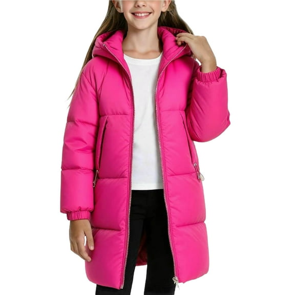 Girls Heavyweight Jackets with Hood Thickened Cotton Mid Length Warm Coat Zip-up Winter Puffy Outerwear Overcoat (13-14 Years, Hot Pink)
