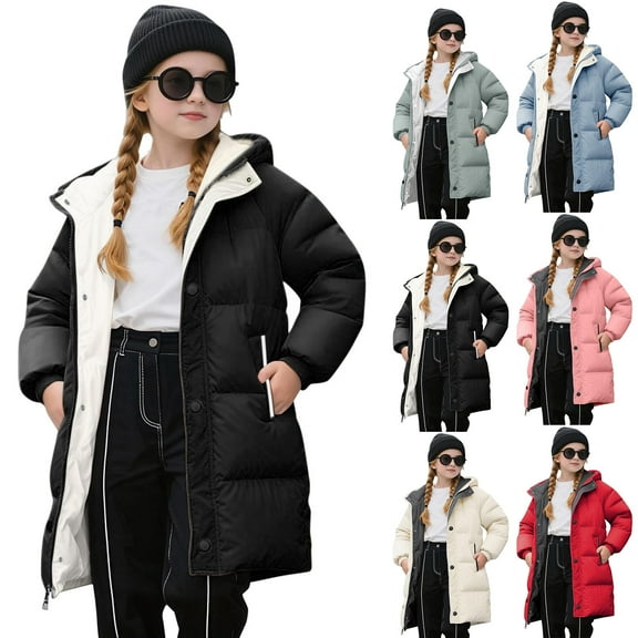 Girls Heavyweight Winter Coat Kids Hooded Mid-Length Puffer Jacket Warm Quilted Padded Zip Up Down Jackets with Pockets, Black 100