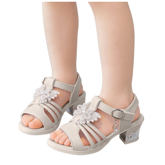 Girls Heeled Sandals Comfortable Soft Footbed Open Toe Rhinestone Bowtie T-Strap Heels Princess Wedding Party Bridesmaids Dress Shoes Beige 13.5 Little Kid