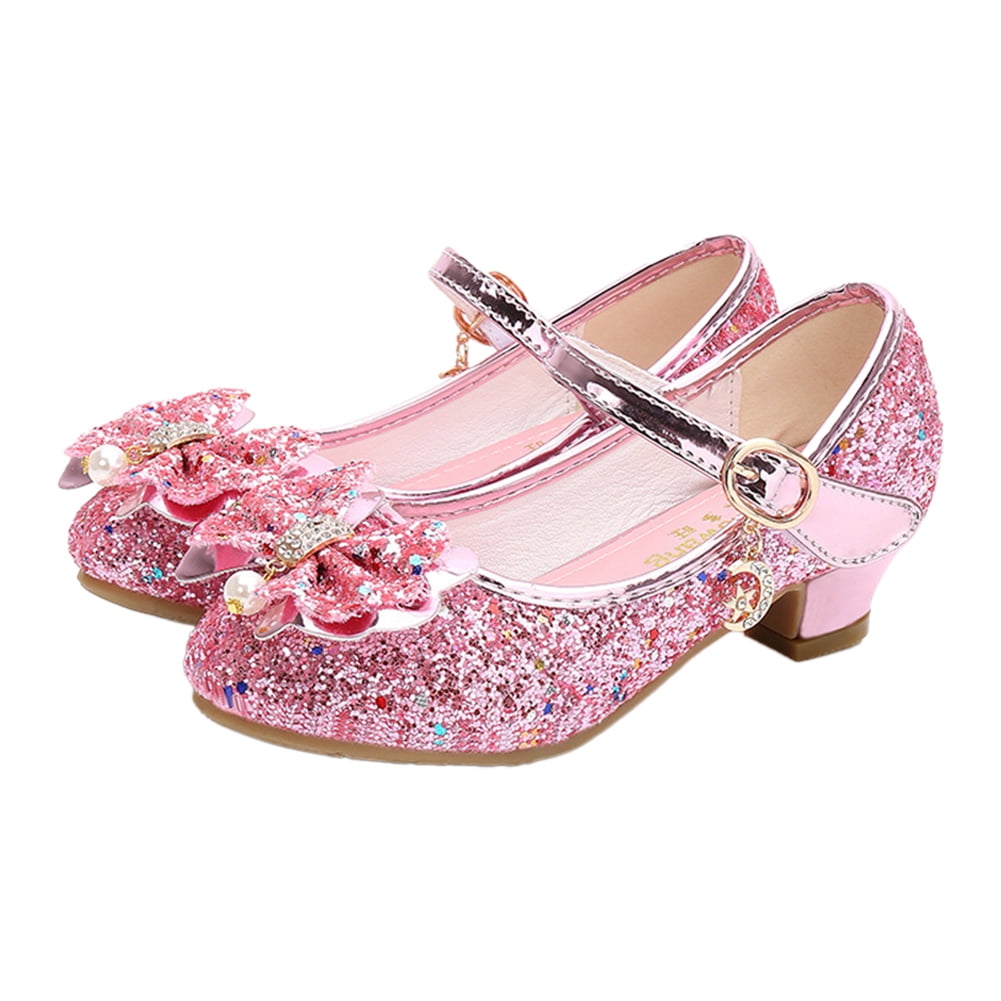 Girls Heels Dress Shoes Mary Jane Wedding Party Sparkle Glitter ...