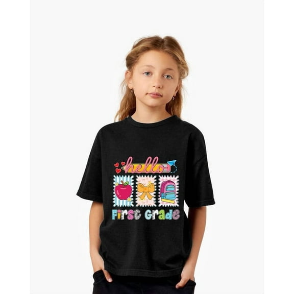 Girls Hello First Grade T-Shirt Back to School Apple Bow Backpack Design - Gift for Back to school