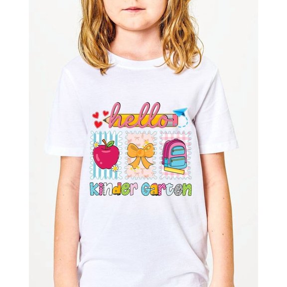Girls Hello Kindergarten T-Shirt Cute Back to School Apple Bow Backpack - Gift for Back to school