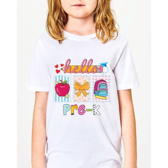 Girls Hello Pre-K T-Shirt Cute Apple Bow Backpack Back to School Tee - Gift for Back to school