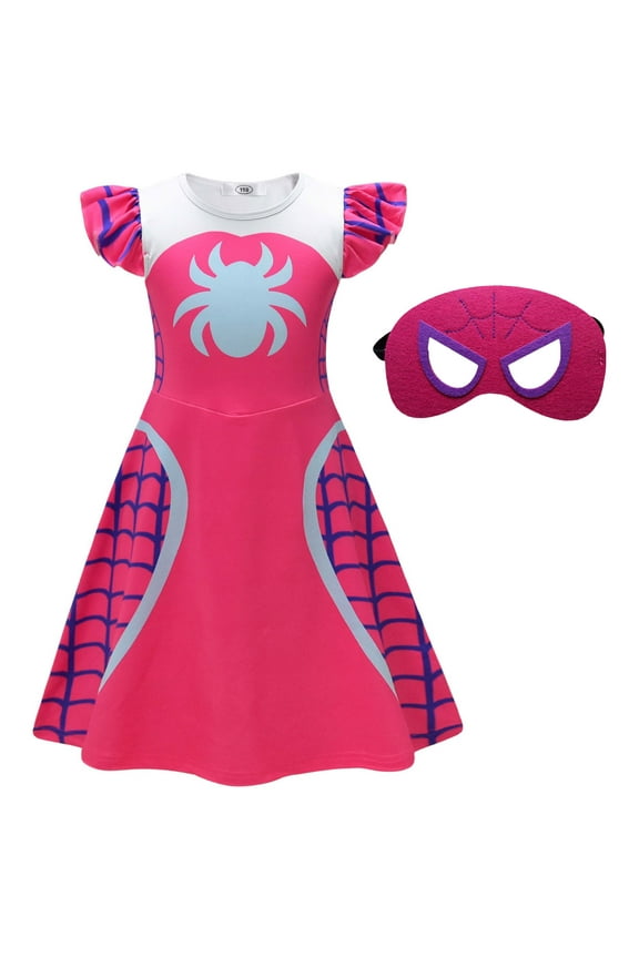 Girls Hero Spider Costume with Mask Halloween Dress for Girl Cosplay Outfit, Size 4-5Y