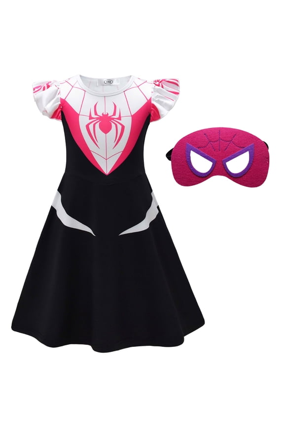 Girls Hero Spider Costume with Mask Halloween Dress for Girl Cosplay Outfit, Size 8-9Y