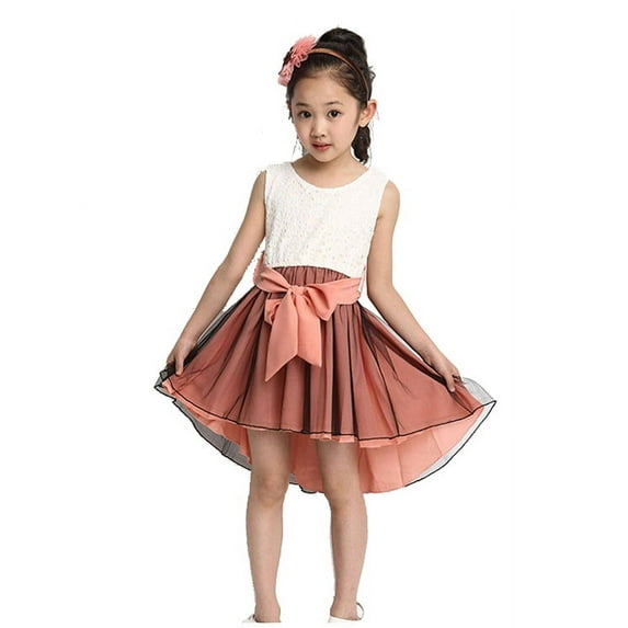 Girls High-Low Hem Lace Dress Chiffon Tulle Bottom, Pink 7Y