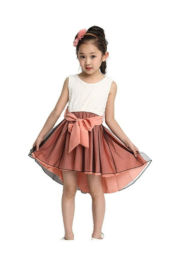 Girls High-Low Hem Lace Dress Chiffon Tulle Bottom, Pink 7Y