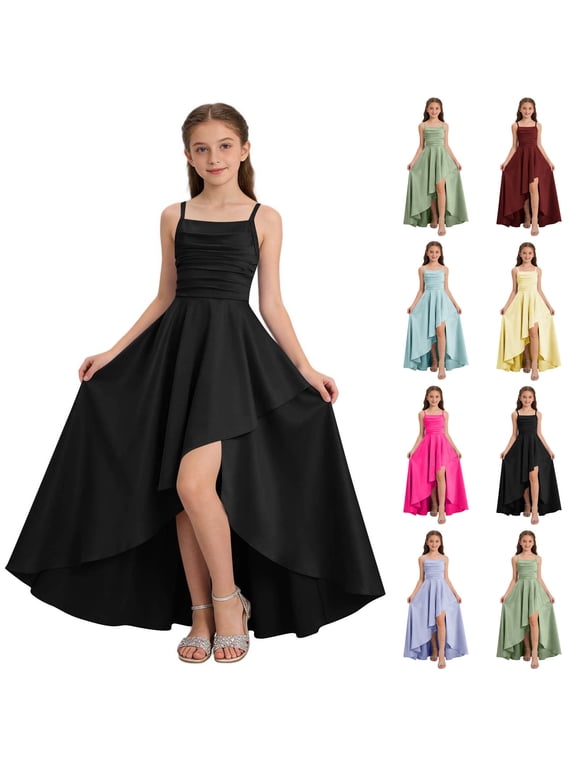Girls High-Low Prom Dress, 5-14Y Kids Spaghetti Strap formal Gown, Cross-Back Adjustable Sleeveless Party Dress Yellow 13 Years