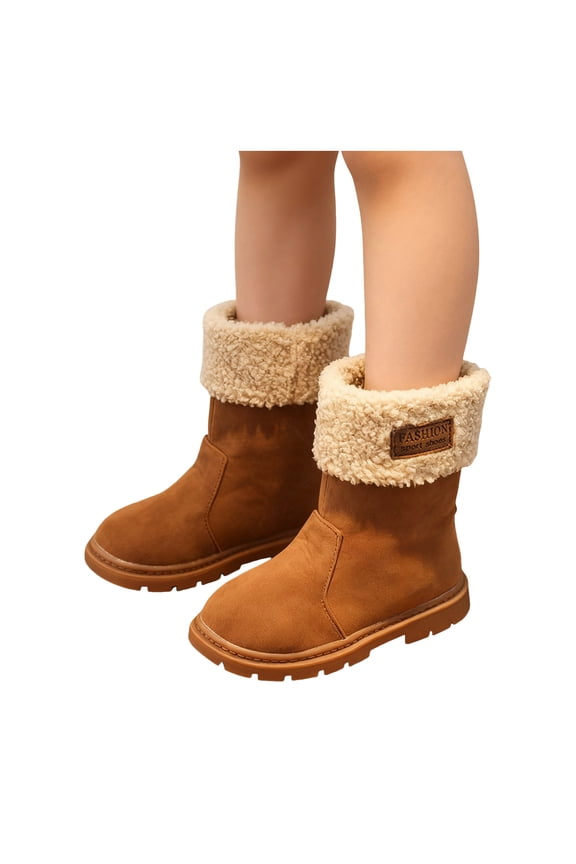 Girls High Top Snow Boots Splice Suede Casual Slip on Fuzzy Winter Booties Round Toe Lug Sole Warm Lined Kids Ankle Boots 3 Big Kid Brown