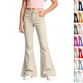 thumbnail image 1 of Girls High Waist Bell Bottom Pants Soft Stretch Durable Baggy Flare Uniform Pants Trendy Casual Trousers Back To School Daily Outfits,12-13Y,Beige, 1 of 8