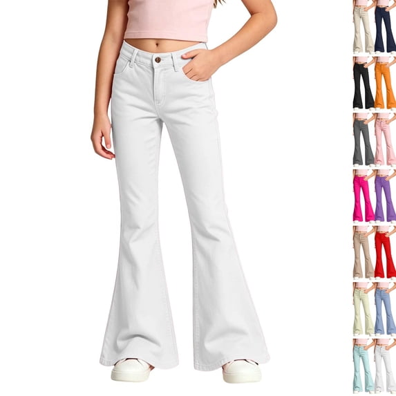 Girls High Waist Bell Bottom Pants Soft Stretch Durable Baggy Flare Uniform Pants Trendy Casual Trousers Back To School Daily Outfits,7-8Y,White