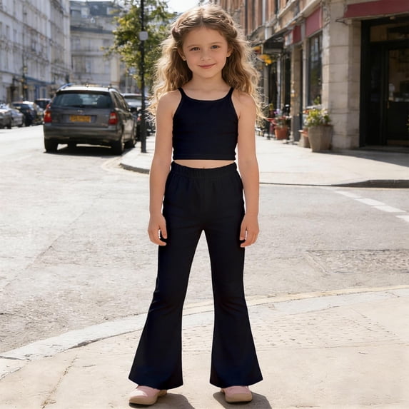 Girls High Waist Comfort Stretch Pants for Everyday Wear with Pockets for Kids Soft Everyday Casual Trousers for Girls, 5-6 Years, Black