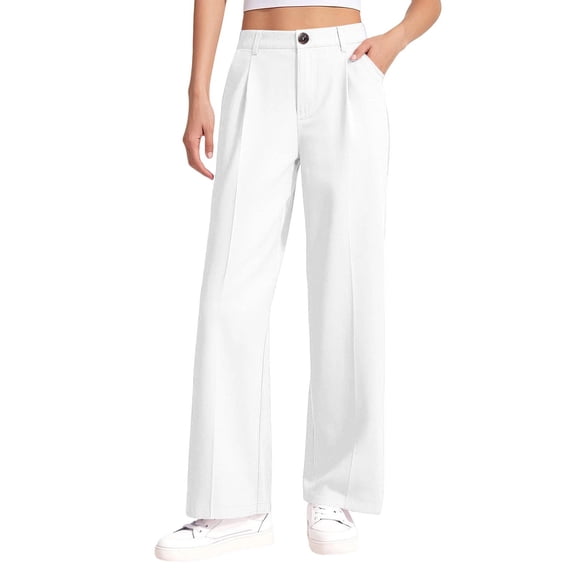 Girls High Waist Draped Straight Leg Trousers Casual Suit Style Pants with Pleated Front and Functional Pockets