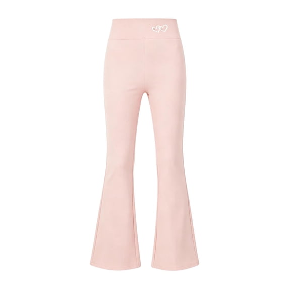 Girls High Waist Heart Embroidery Flared Yoga Pants, Elastic Stretch Solid Color Kids Bell Bottom Trousers for Spring Autumn Daily Casual Dance Sport Wear(Pink,7-8 Years)