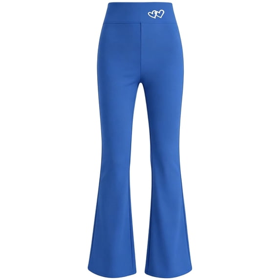 Girls High Waist Heart Embroidery Flared Yoga Pants, Elastic Stretch Solid Color Kids Bell Bottom Trousers for Spring Autumn Daily Casual Dance Sport Wear(Blue,9-10 Years)