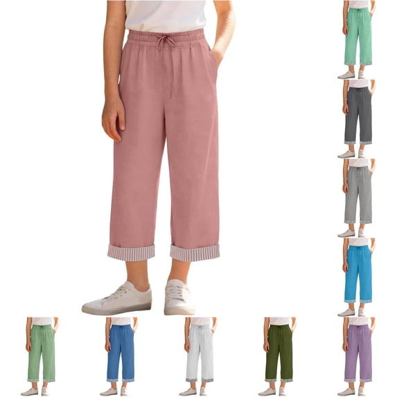 Girls High Waist Like Striped Culottes Casual Summer Pants with and Pockets Comfortable Straight Leg Cropped Wide Leg Trousers for Kids Cropped Leggings Girls 5-6 Years