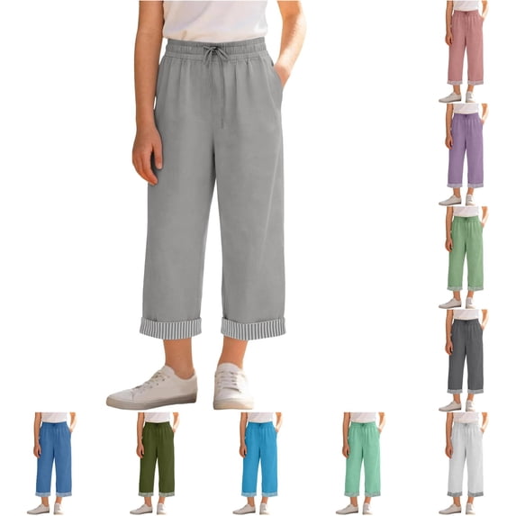 Girls High Waist Like Striped Culottes Casual Summer Pants with and Pockets Comfortable Straight Leg Cropped Wide Leg Trousers for Kids Cropped Leggings Girls 7-8 Years