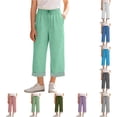 thumbnail image 1 of Girls High Waist Like Striped Culottes Casual Summer Pants with and Pockets Comfortable Straight Leg Cropped Wide Leg Trousers for Kids Cropped Leggings Girls 9-10 Years, 1 of 4