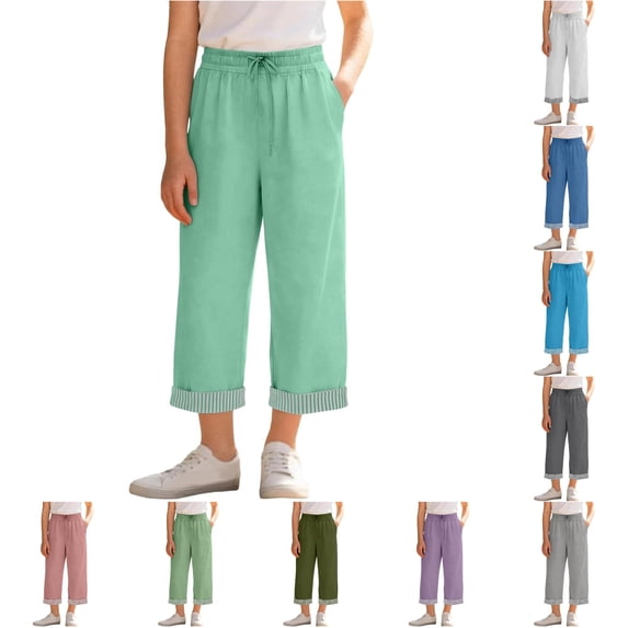 Girls High Waist Like Striped Culottes Casual Summer Pants with and Pockets Comfortable Straight Leg Cropped Wide Leg Trousers for Kids Cropped Leggings Girls 9-10 Years