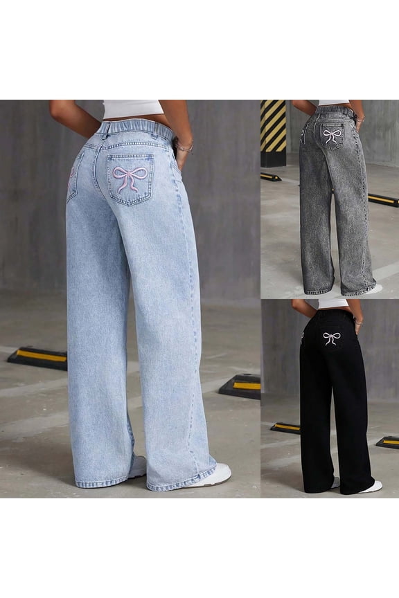 Girls High Waist Straight Leg Jeans with Bow Embroidery and Casual Loose Denim Pants For Teenagers
