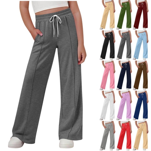 Girls High Waist Sweatpants Drawstring Elastic Waist Wide Leg Sweat Pants Kids Baggy Causal Joggers Trousers with Pocket 4-15Y