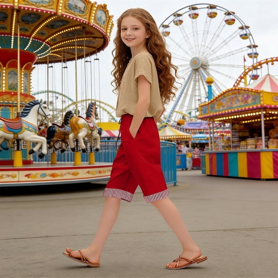 Girls High Waist Wide Leg Cropped Pants with Pockets Comfortable Drawstring for Teen Casual wear Red,9-10 Years