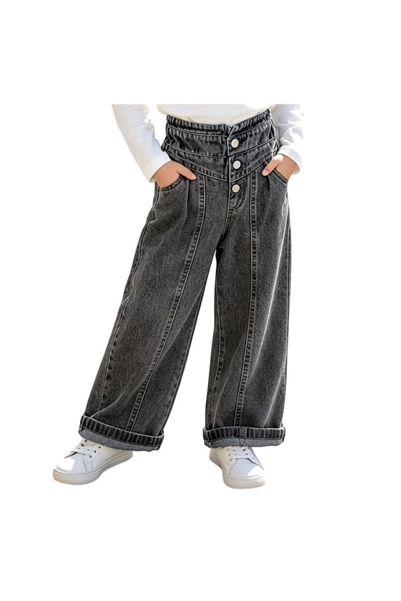 Girls High Waist Wide Leg Jeans, Pleated Front Cuffed Hem Loose Denim Trousers with Pockets, Washed Vintage Denim Pants Black 1-2 Years
