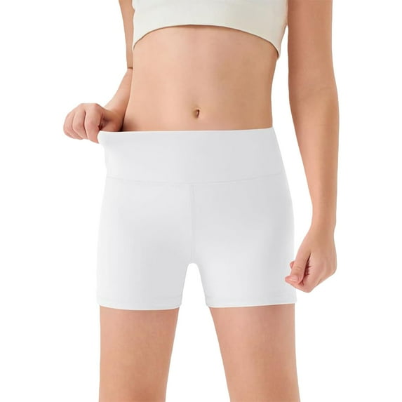 Girls High Waist Yoga Shorts, Tight Fit Workout Running Shorts for Kids, Breathable Quick Dry Dance Shorts and Athletic Leggings, Fitness Shorts for Age 5-14 Years White 120
