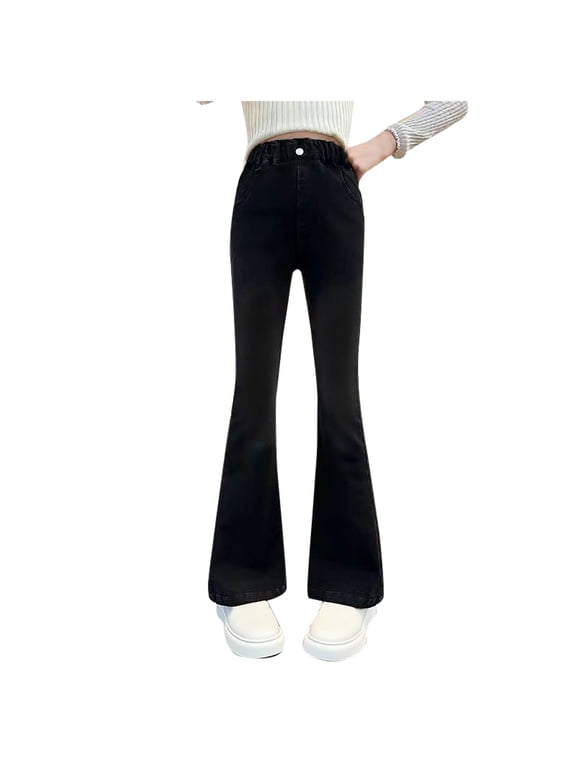 Girls High Waisted Black Flare Jeans for Kids Stretch Pull On Elastic Waist Denim Pants for School Daily Wear Ages 5-15,Size 14 T